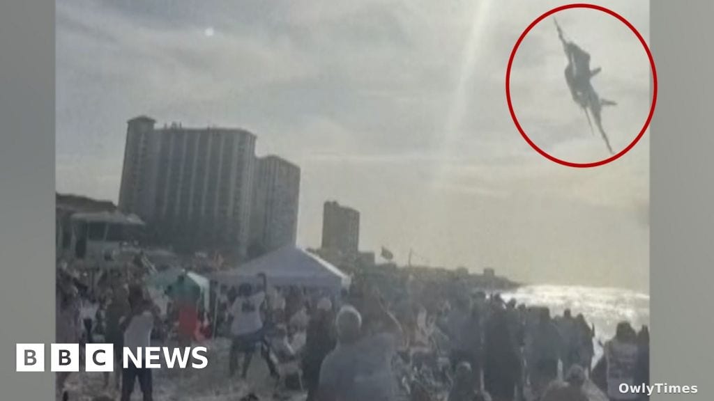Blue Angels jet flips Pensacola Beach tents during air show practice